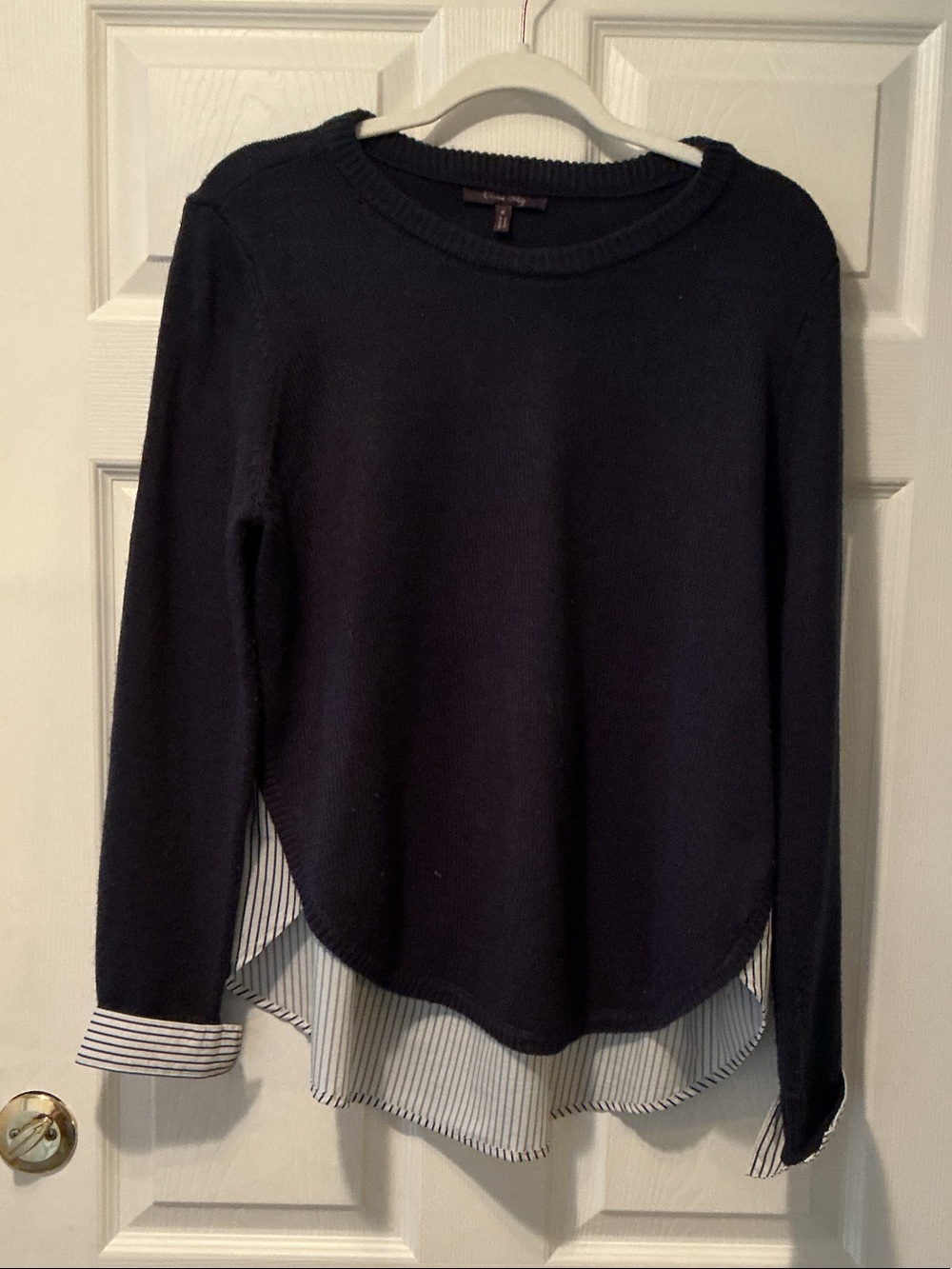 Olivia Sky Navy Sweater with Striped Shirttail Hem